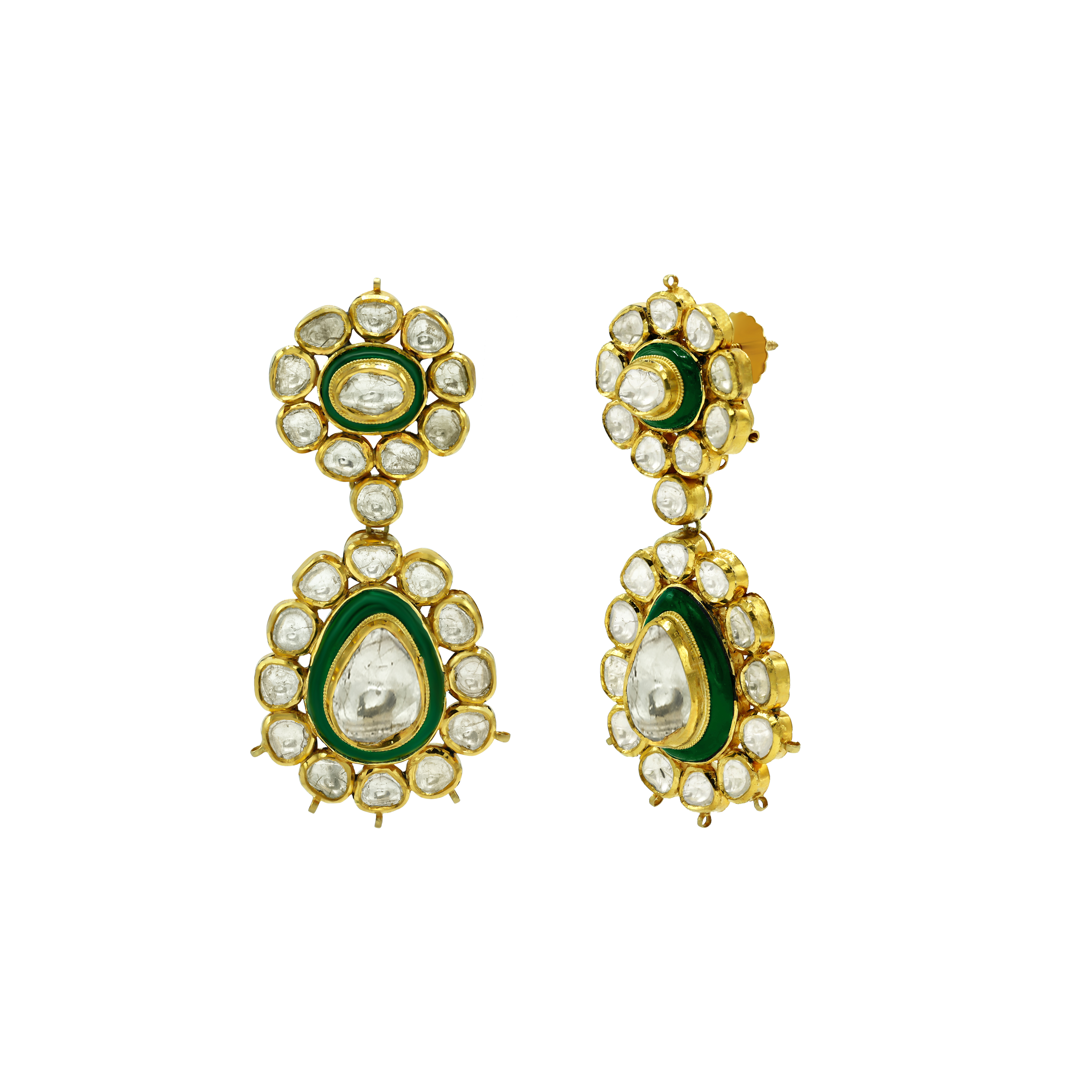 Polki Necklace Set with Green Enamel and Layered Design